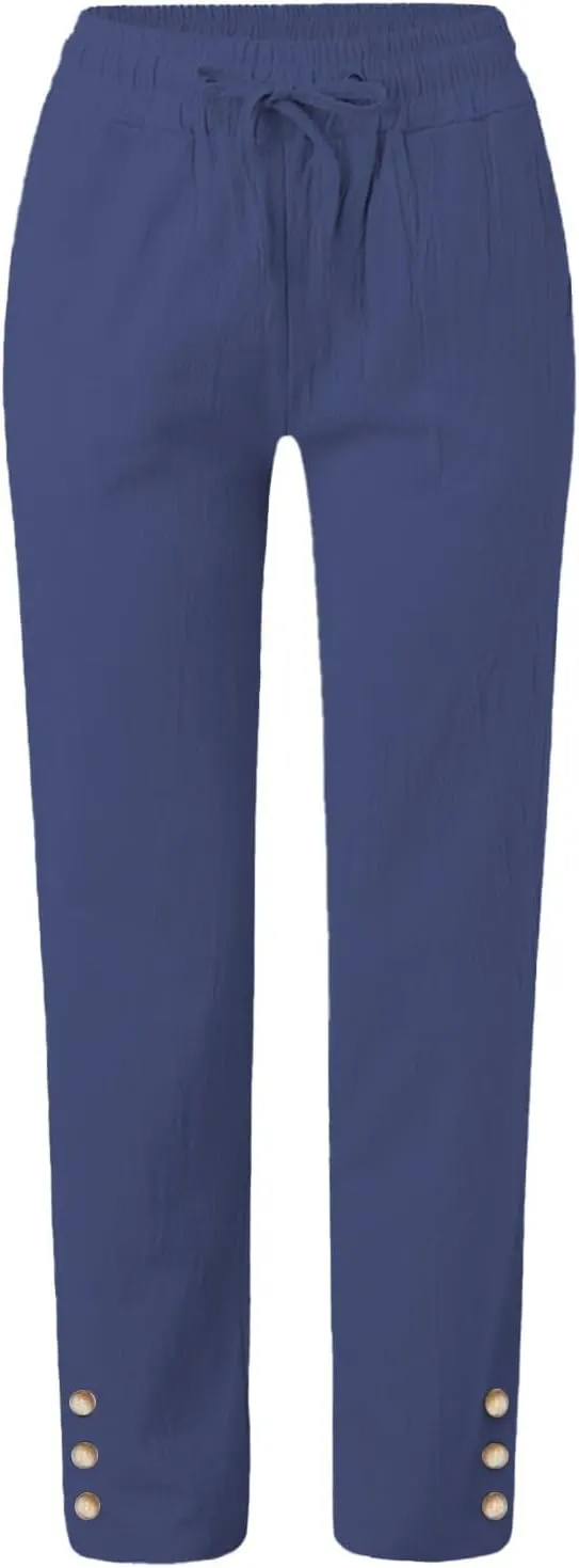 Women's High Waist Linen Pants Summer Elastic Drawstring Casual Trousers with Pocket, Comfy Straight Leg Lounge Pants
