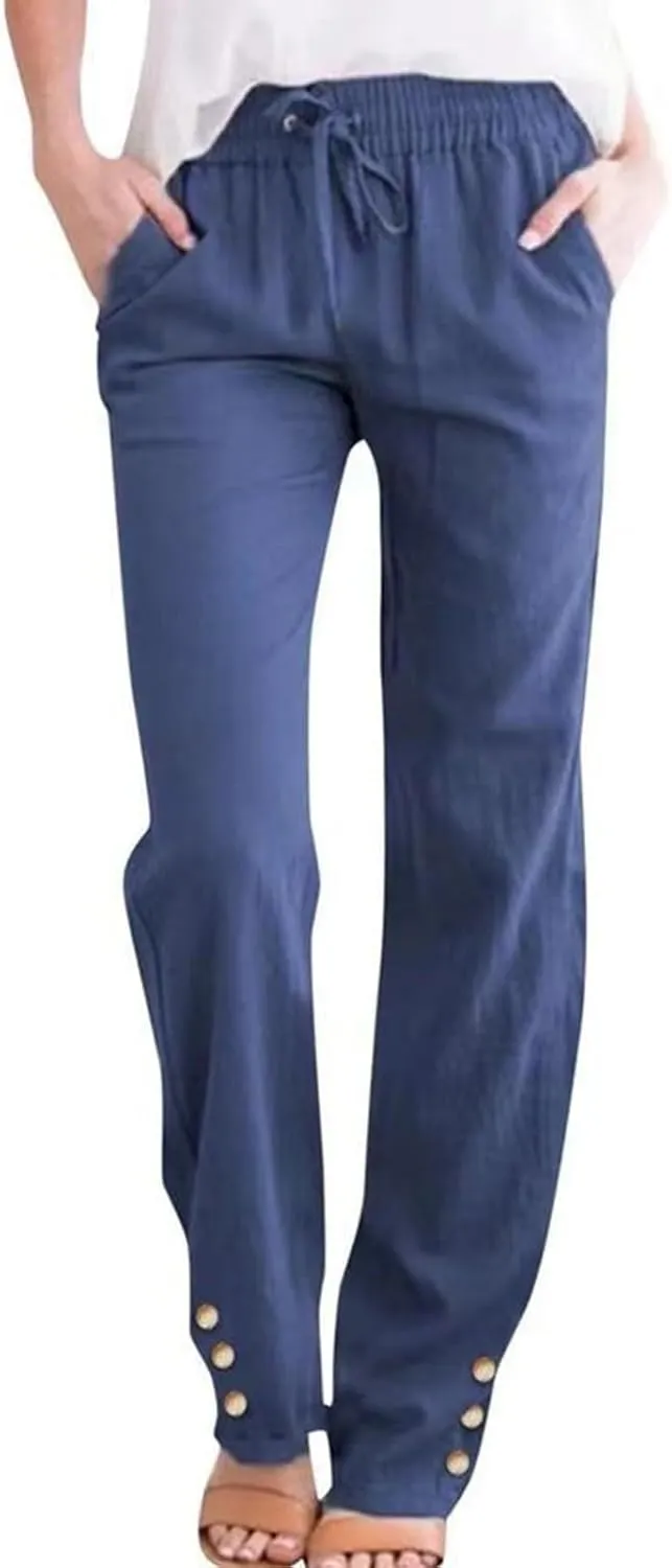 Women's High Waist Linen Pants Summer Elastic Drawstring Casual Trousers with Pocket, Comfy Straight Leg Lounge Pants