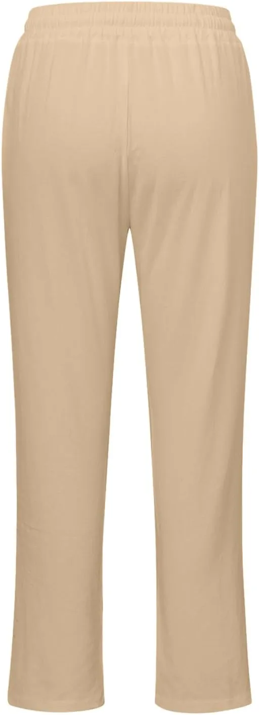 Womens High Waist Summer Linen Pants Baggy Straight Leg Casual Pants with Pockets Drawstring Comfy Lounge Trousers