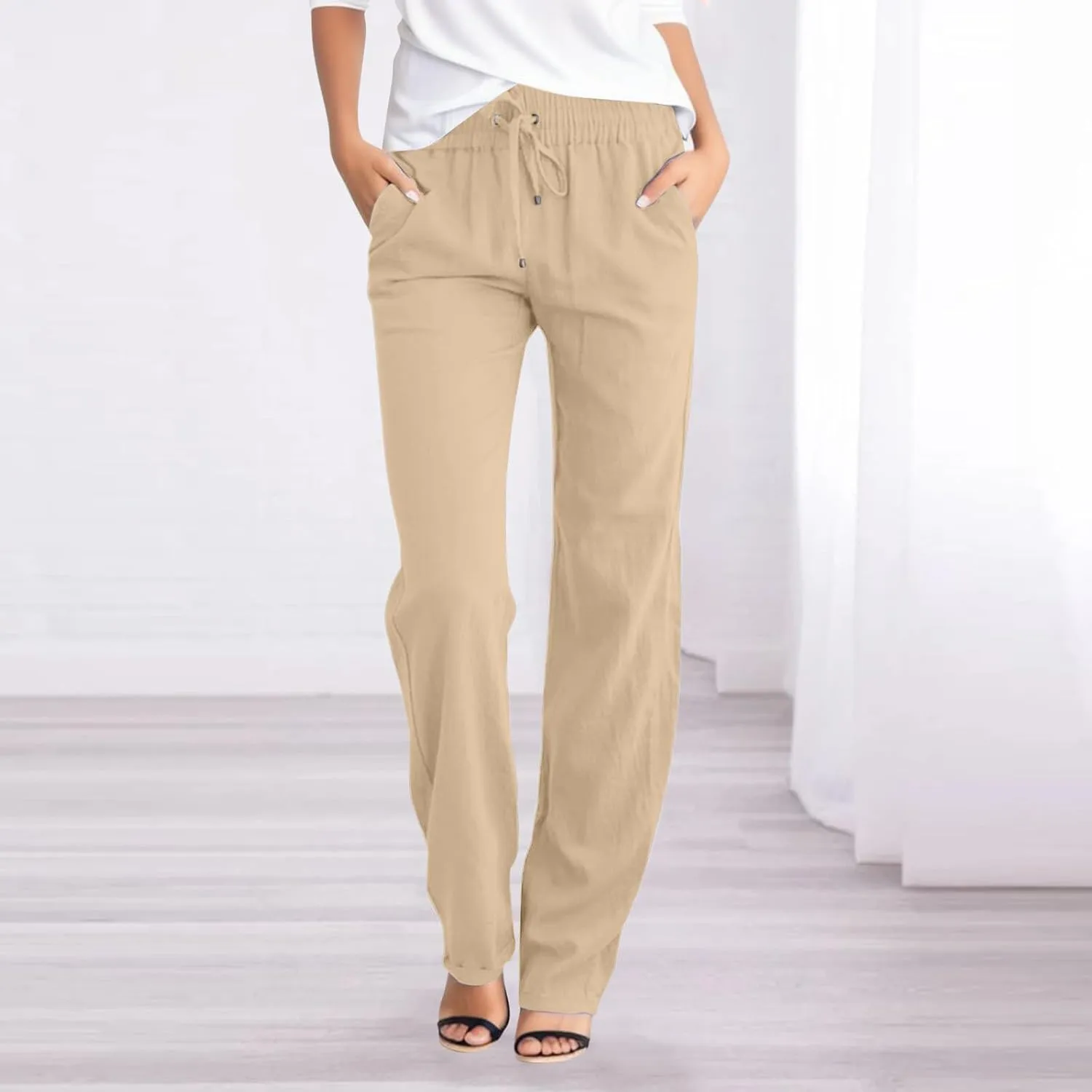 Womens High Waist Summer Linen Pants Baggy Straight Leg Casual Pants with Pockets Drawstring Comfy Lounge Trousers