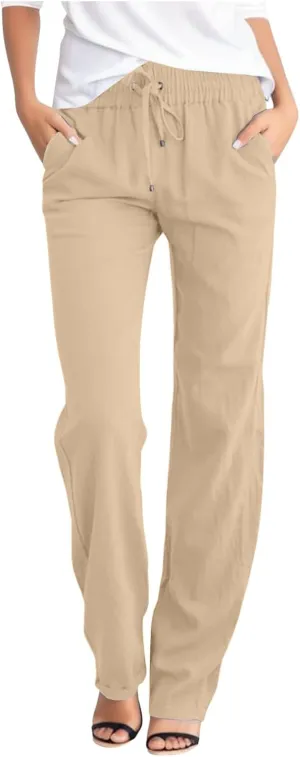 Womens High Waist Summer Linen Pants Baggy Straight Leg Casual Pants with Pockets Drawstring Comfy Lounge Trousers