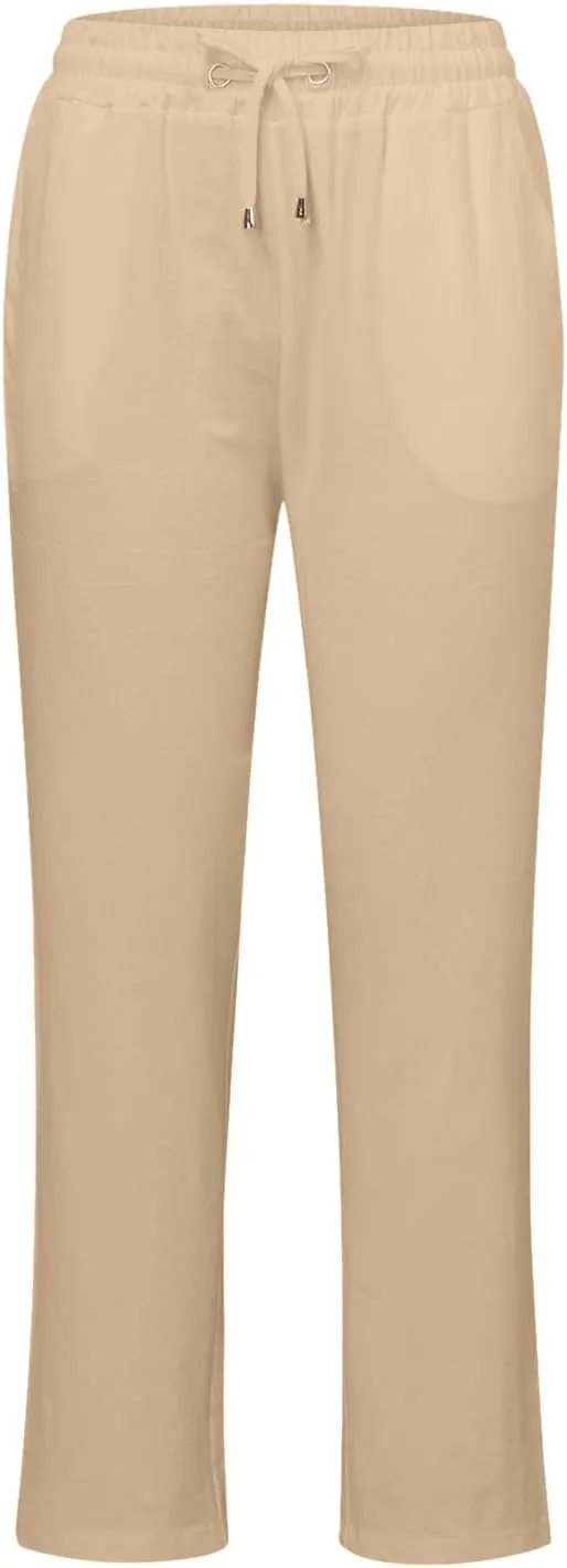 Womens High Waist Summer Linen Pants Baggy Straight Leg Casual Pants with Pockets Drawstring Comfy Lounge Trousers