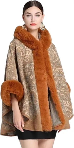 Women's Hooded Poncho Coat,Long Capes,Female Cloak,Tweed Jacket,Outerwear, Autumn Winter