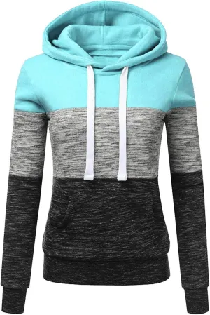 Womens Hooded Sweatshirt Long Sleeve Casual Fall Fashion Color Block Hoodies Drawstring Pullover Tops Hoodie