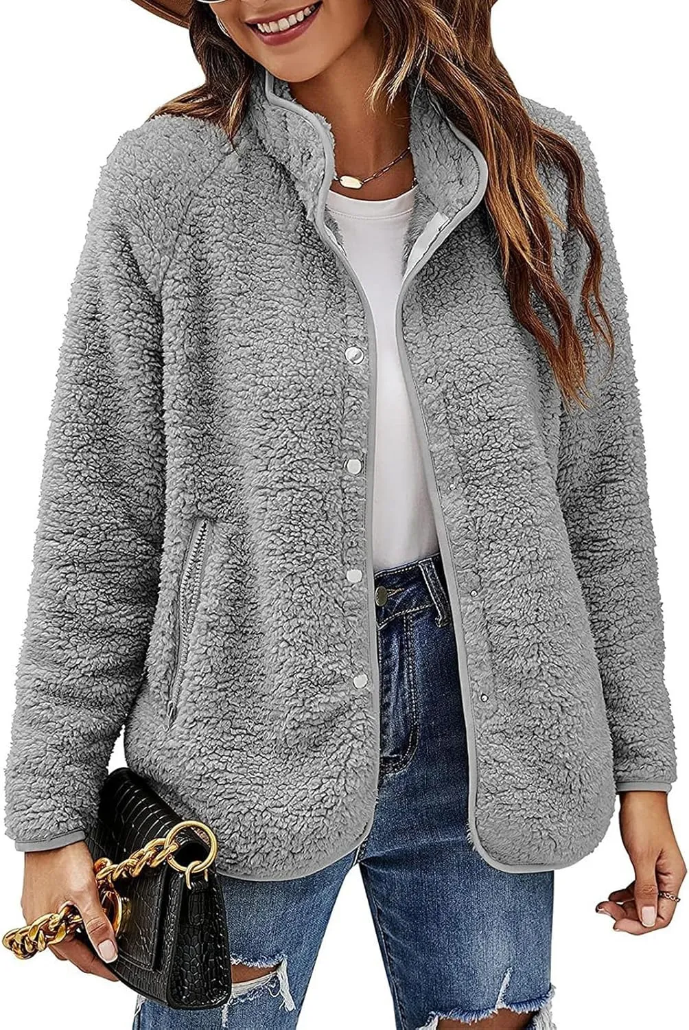 Women's Lapel Button Down Warm Fuzzy Fleece Jacket Long Sleeve Cardigan Coat Oversized Winter Outwear with Pockets