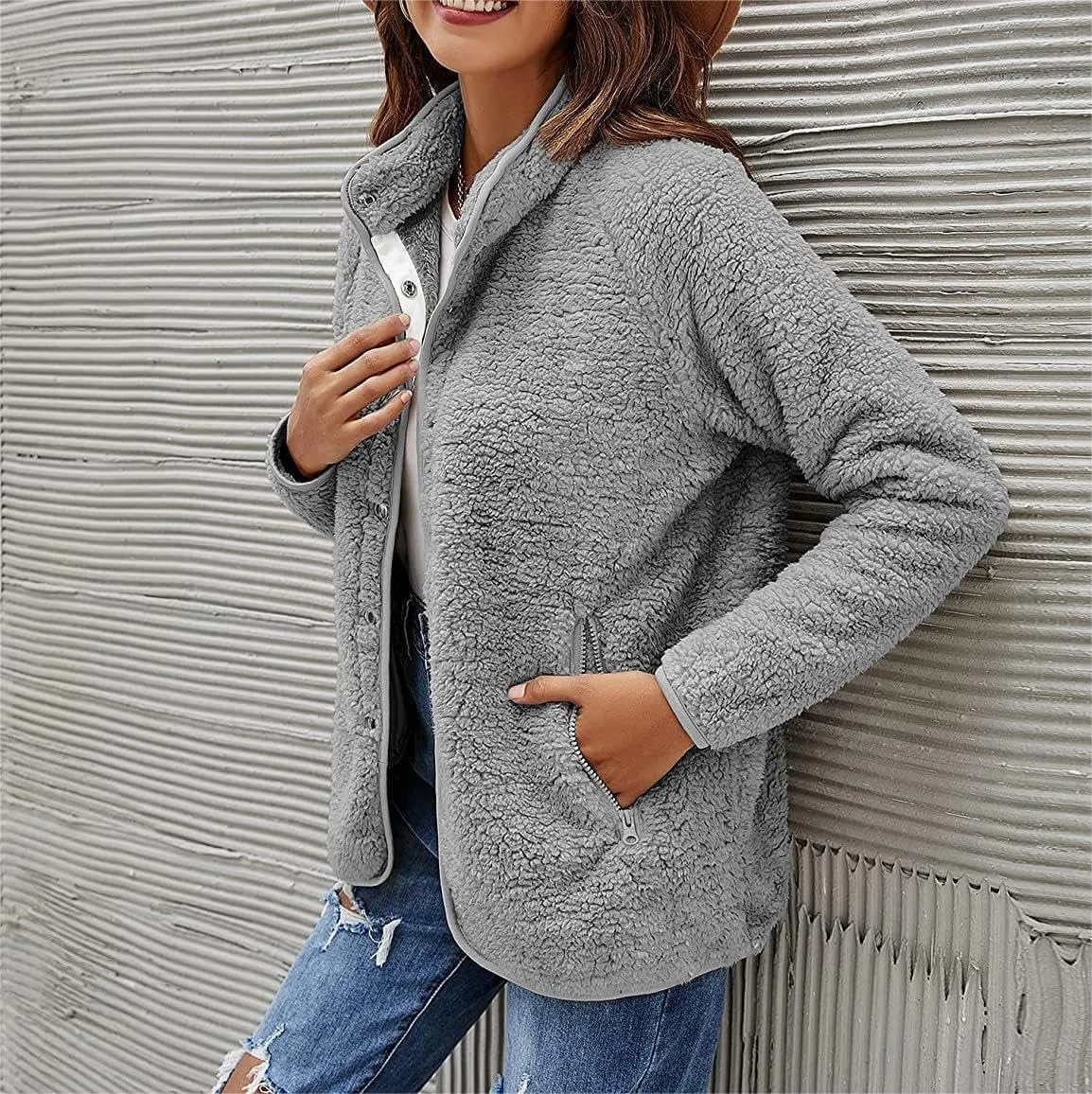 Women's Lapel Button Down Warm Fuzzy Fleece Jacket Long Sleeve Cardigan Coat Oversized Winter Outwear with Pockets