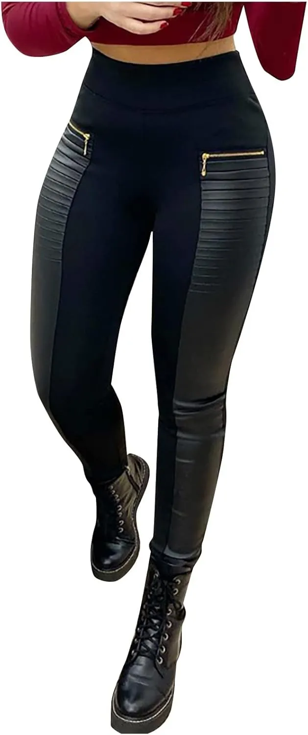 Women's Leather Pants Wide Leg Trousers Contrast Pants Leather Design High Faux Women's Waist Zipper Skinny (Black, S)