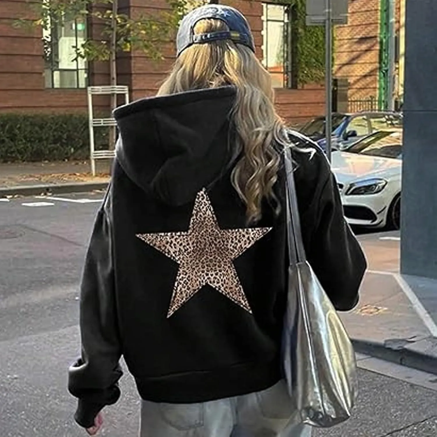 Womens Leopard Star Graphic Hoodie Oversized Y2K Cheetah Print Hooded Casual Long Sleeve Sweatshirt Unisex Pullover