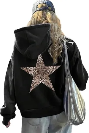 Womens Leopard Star Graphic Hoodie Oversized Y2K Cheetah Print Hooded Casual Long Sleeve Sweatshirt Unisex Pullover