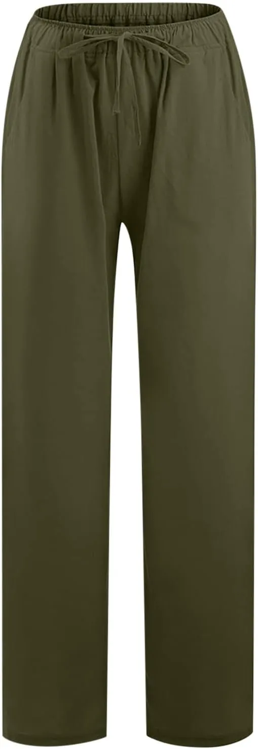 Women's Linen Blend Pants Loose Wide Leg Casual Straight Pants Lightweight Summer Beach Pants for Travel Vacation