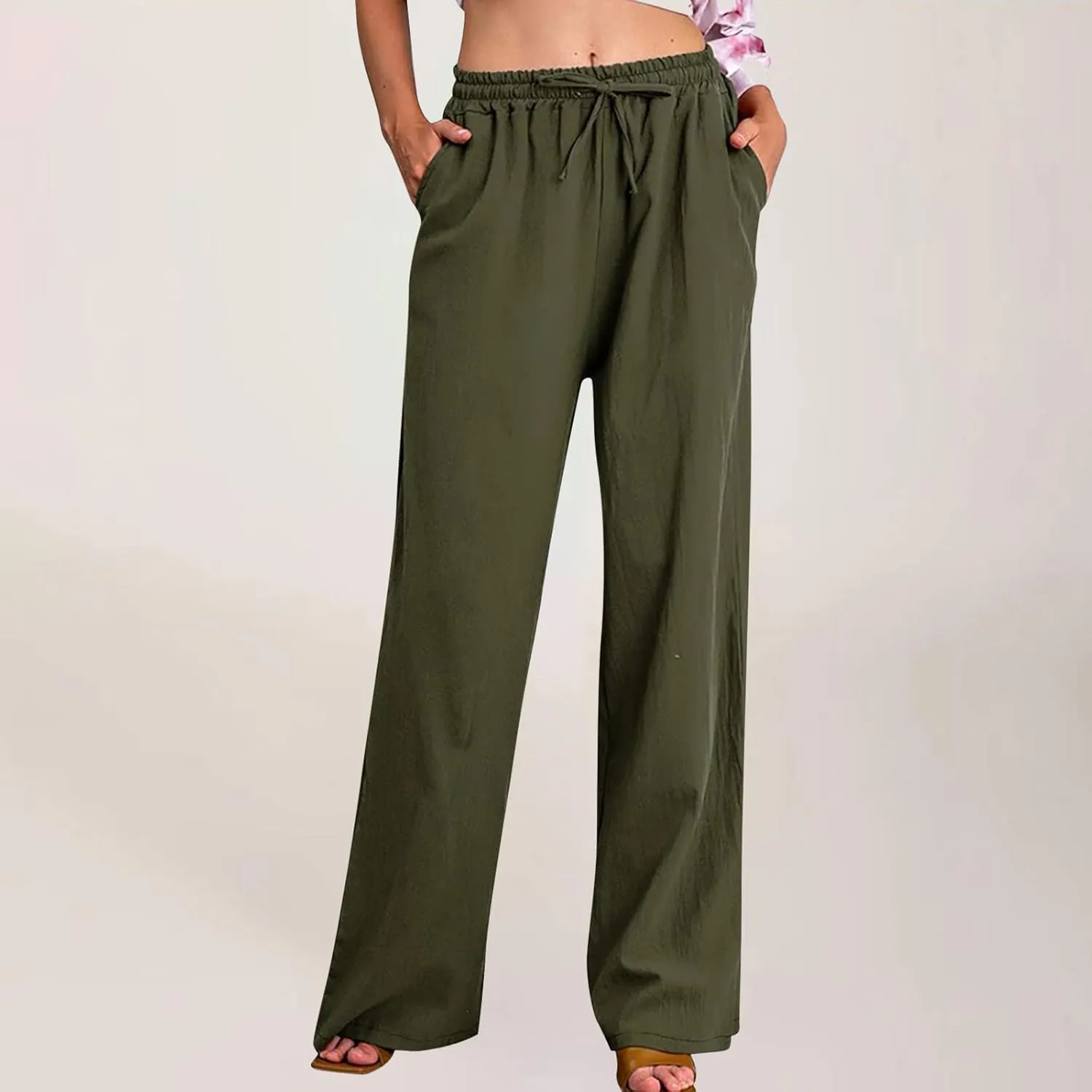 Women's Linen Blend Pants Loose Wide Leg Casual Straight Pants Lightweight Summer Beach Pants for Travel Vacation