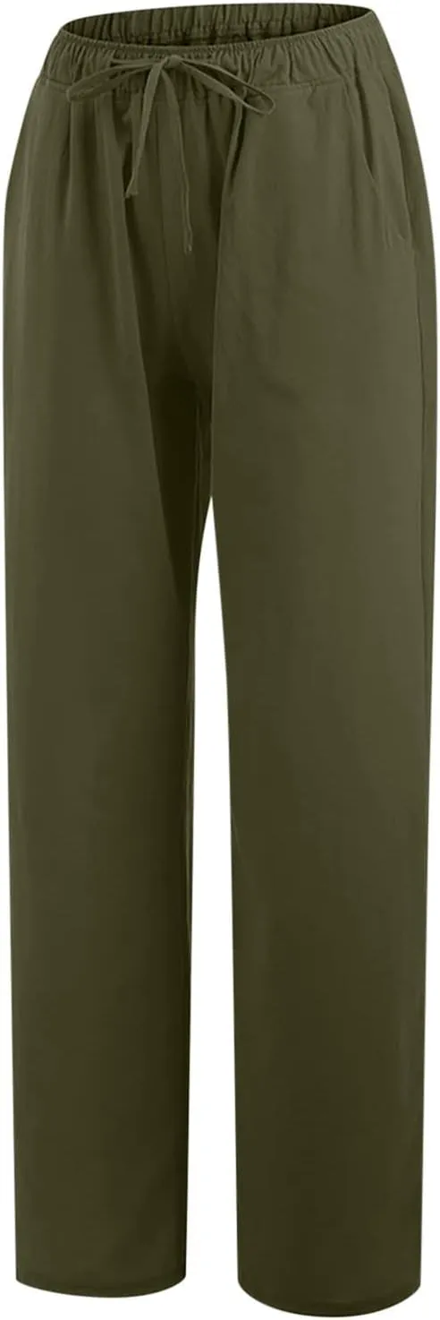 Women's Linen Blend Pants Loose Wide Leg Casual Straight Pants Lightweight Summer Beach Pants for Travel Vacation