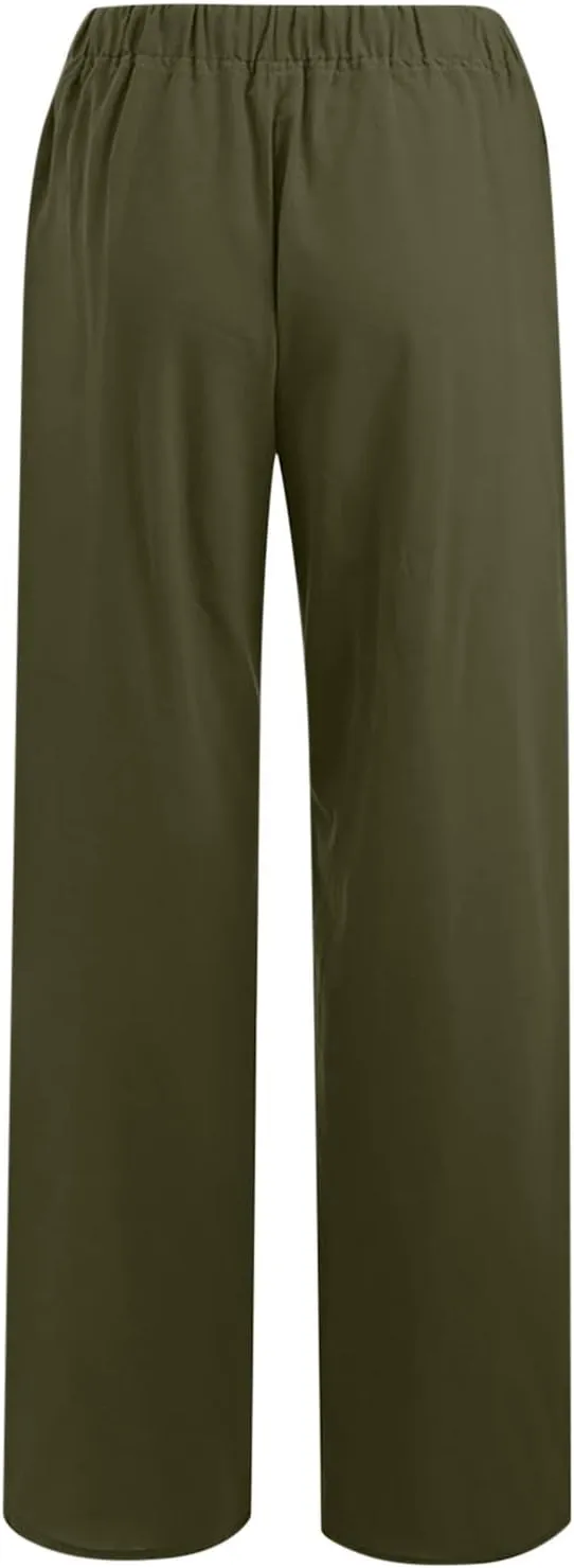 Women's Linen Blend Pants Loose Wide Leg Casual Straight Pants Lightweight Summer Beach Pants for Travel Vacation