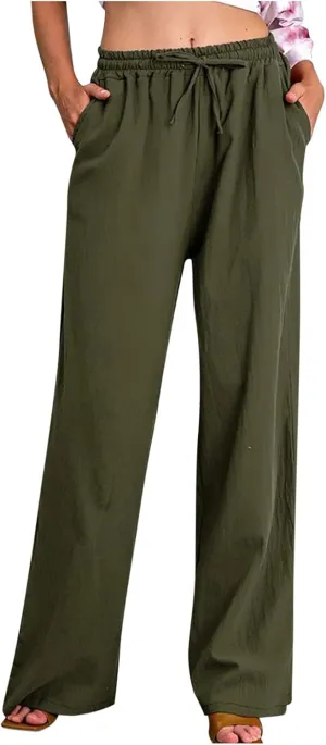 Women's Linen Blend Pants Loose Wide Leg Casual Straight Pants Lightweight Summer Beach Pants for Travel Vacation