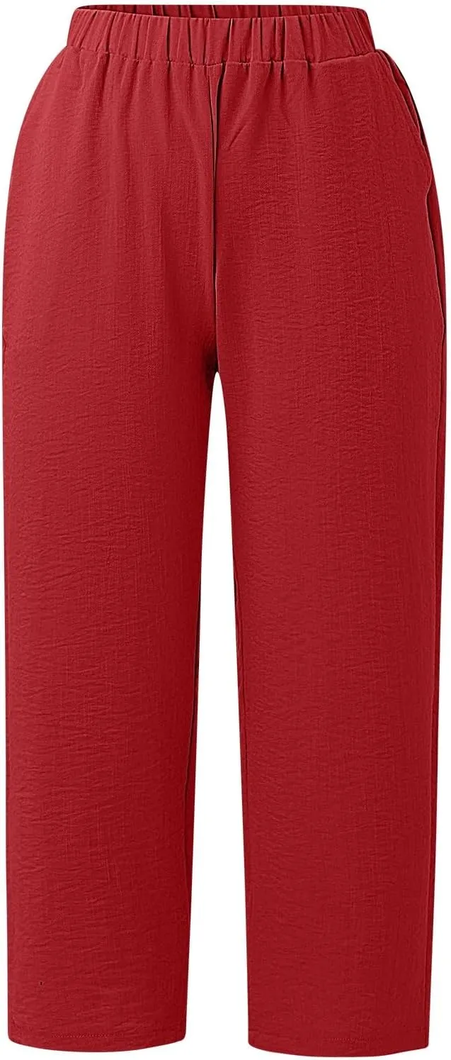 Women's Linen Capri Pants Casual Summer High Waist Cropped Wide Leg Lounge Comfy Yoga Trousers with Pockets Beach