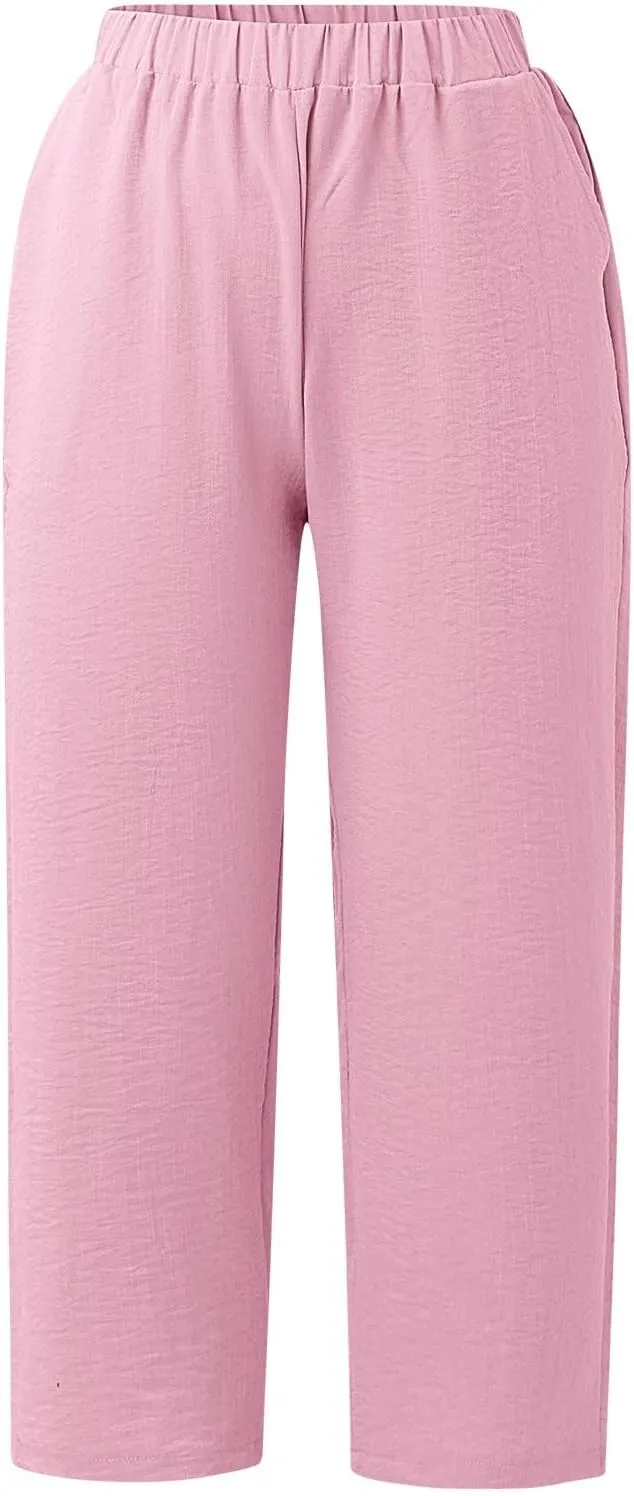 Women's Linen Capri Pants Casual Summer High Waist Cropped Wide Leg Lounge Comfy Yoga Trousers with Pockets Beach