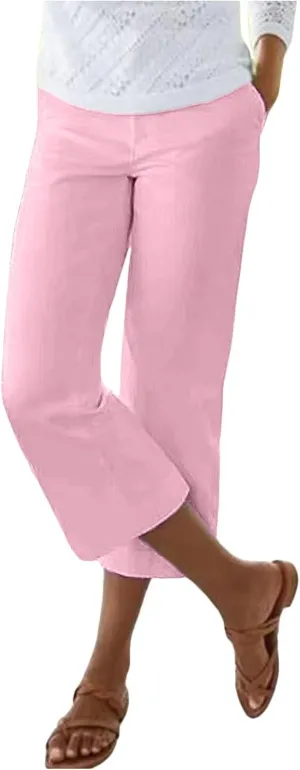 Women's Linen Capri Pants Casual Summer High Waist Cropped Wide Leg Lounge Comfy Yoga Trousers with Pockets Beach