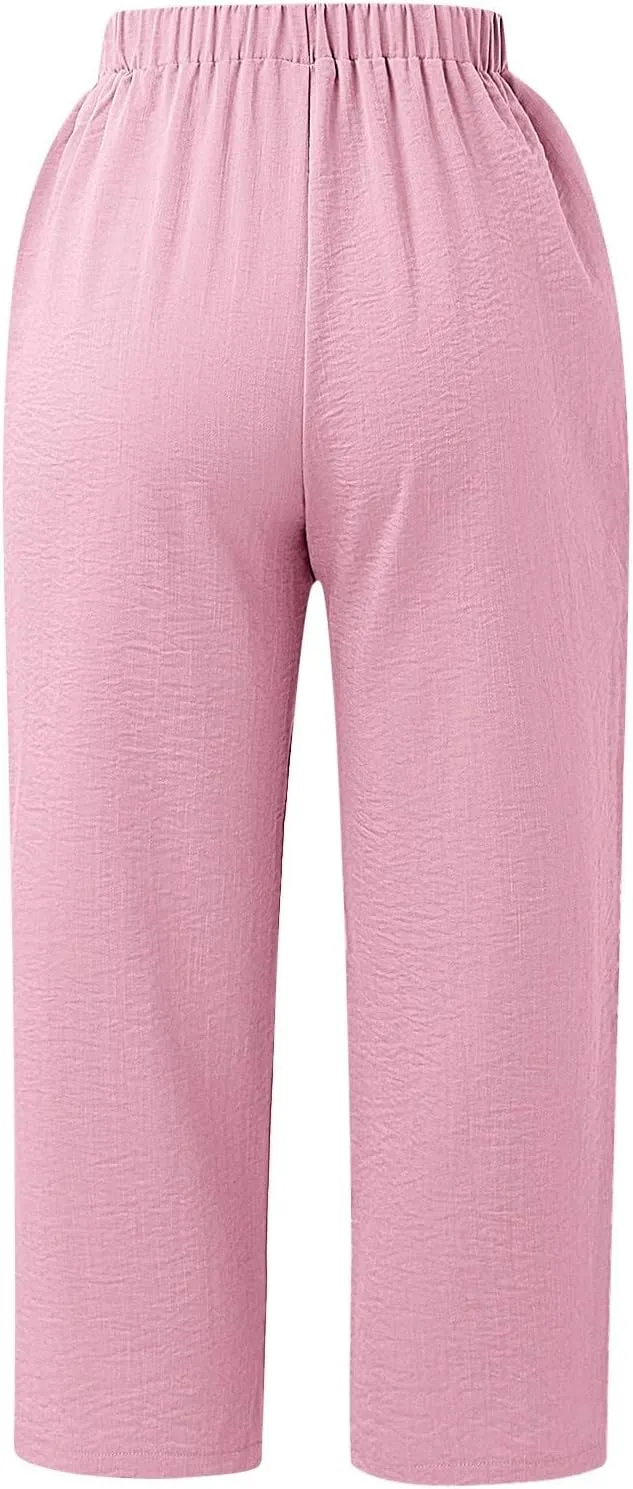 Women's Linen Capri Pants Casual Summer High Waist Cropped Wide Leg Lounge Comfy Yoga Trousers with Pockets Beach
