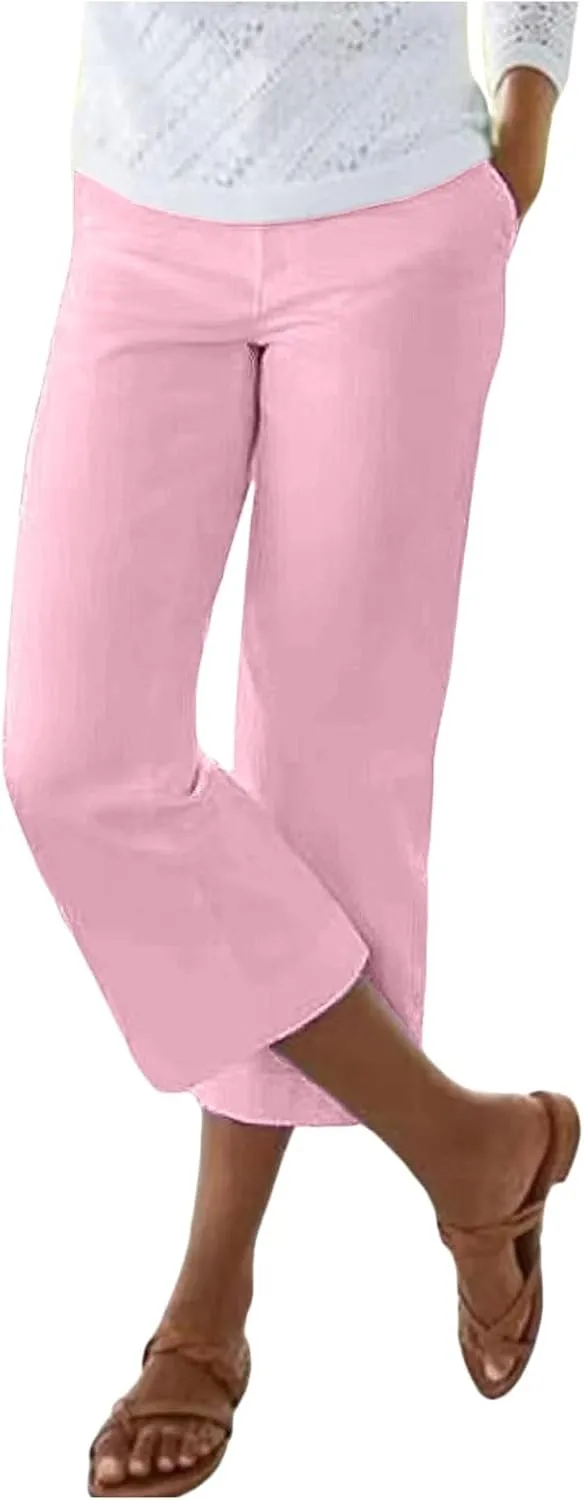 Women's Linen Capri Pants Casual Summer High Waist Cropped Wide Leg Lounge Comfy Yoga Trousers with Pockets Beach