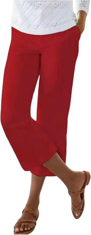 Women's Linen Capri Pants Casual Summer High Waist Cropped Wide Leg Lounge Comfy Yoga Trousers with Pockets Beach