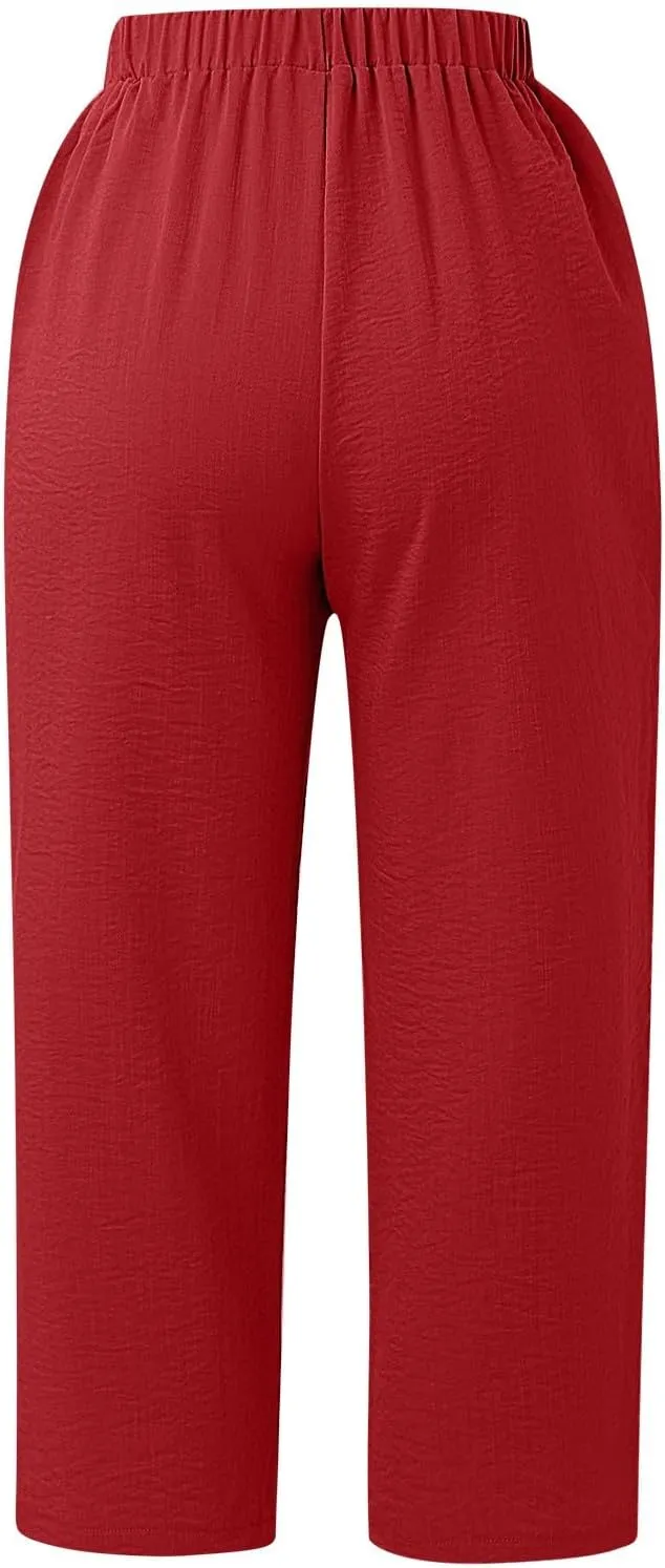 Women's Linen Capri Pants Casual Summer High Waist Cropped Wide Leg Lounge Comfy Yoga Trousers with Pockets Beach