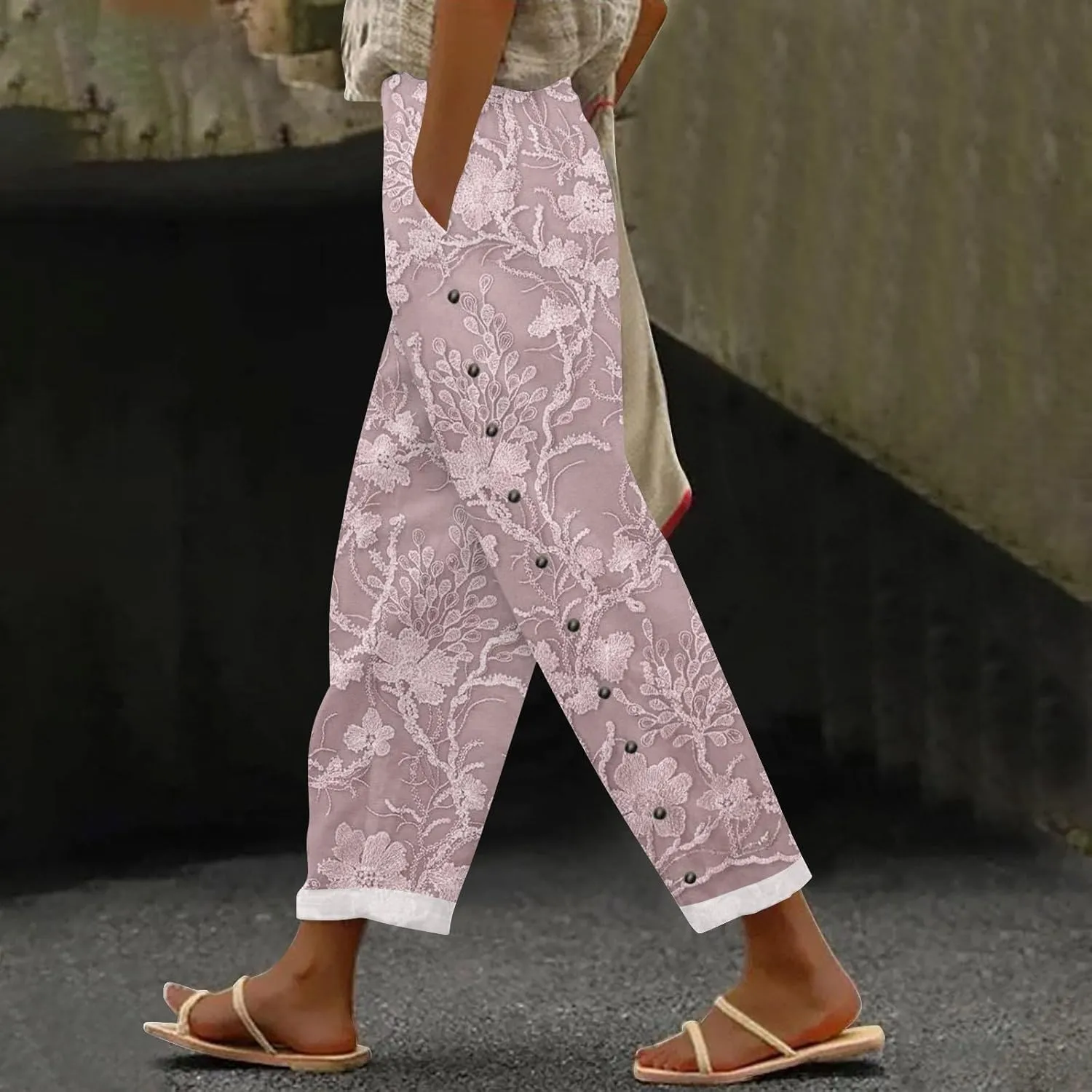 Womens Linen Capri Pants Elastic Waist Drawstring Petite Summer Beachwear Straight Leg Lounge Trousers with Pockets