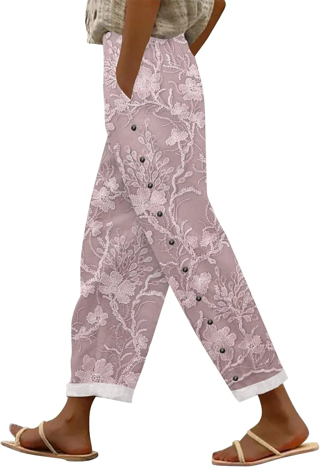 Womens Linen Capri Pants Elastic Waist Drawstring Petite Summer Beachwear Straight Leg Lounge Trousers with Pockets