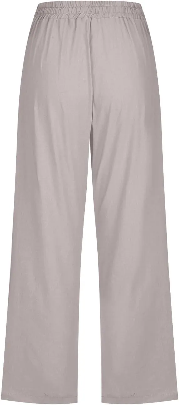 Womens Linen Cropped Pants Casual Drawstring Elastic Waist Wide Leg Trousers Summer Straight Capri Pants with Pockets