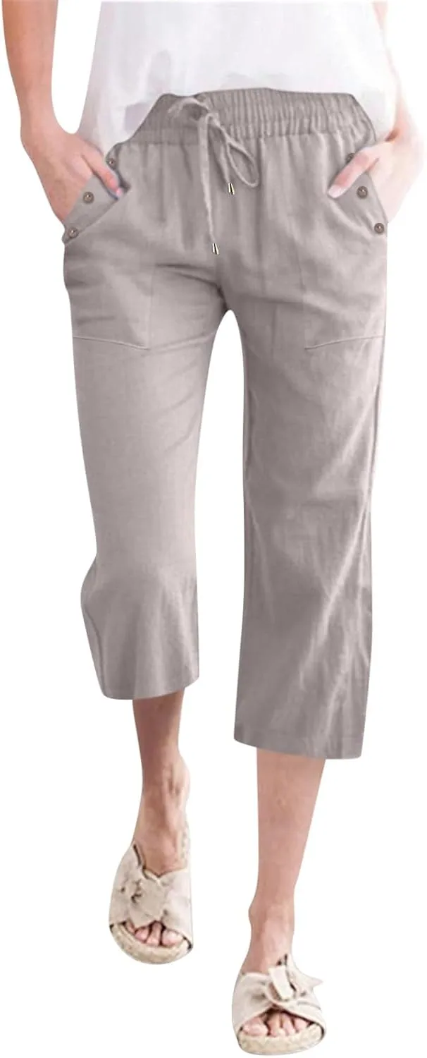 Womens Linen Cropped Pants Casual Drawstring Elastic Waist Wide Leg Trousers Summer Straight Capri Pants with Pockets