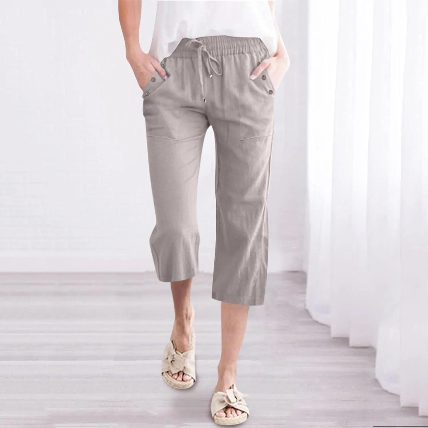 Womens Linen Cropped Pants Casual Drawstring Elastic Waist Wide Leg Trousers Summer Straight Capri Pants with Pockets