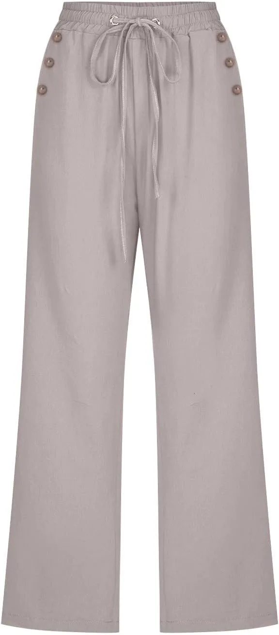 Womens Linen Cropped Pants Casual Drawstring Elastic Waist Wide Leg Trousers Summer Straight Capri Pants with Pockets