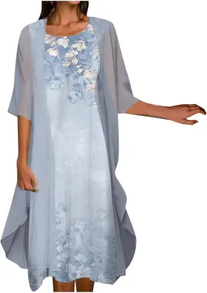 Women's Linen Dress Floral Print Ruffle Irregular Hem Sleeveless Tank Maxi Dress with Long Jacket Loose Two Piece Set