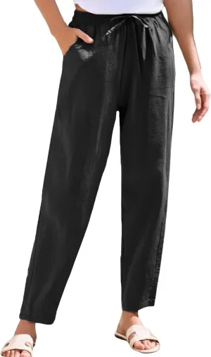 Womens Linen Pants Petite Length High Waisted Drawstring Summer Casual Beach Vacation Capri Pants with Pockets