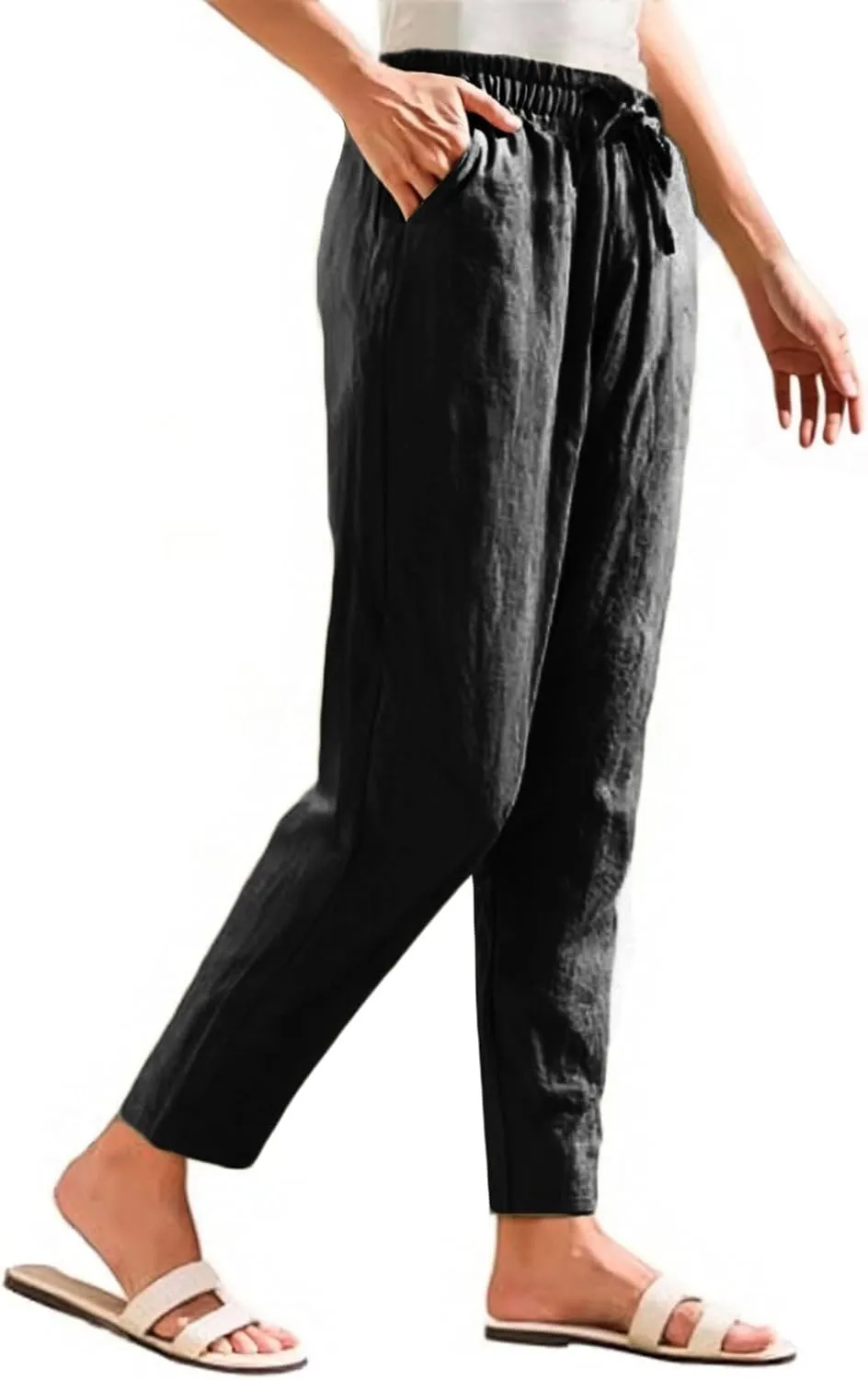 Womens Linen Pants Petite Length High Waisted Drawstring Summer Casual Beach Vacation Capri Pants with Pockets