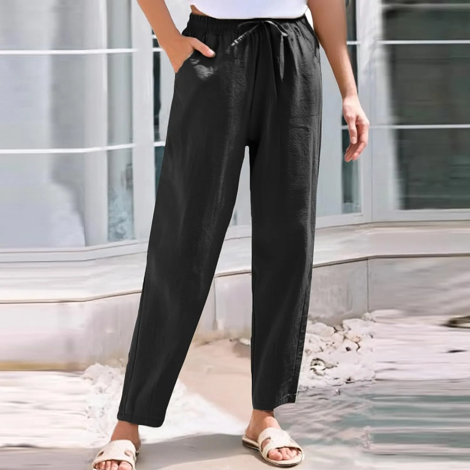 Womens Linen Pants Petite Length High Waisted Drawstring Summer Casual Beach Vacation Capri Pants with Pockets