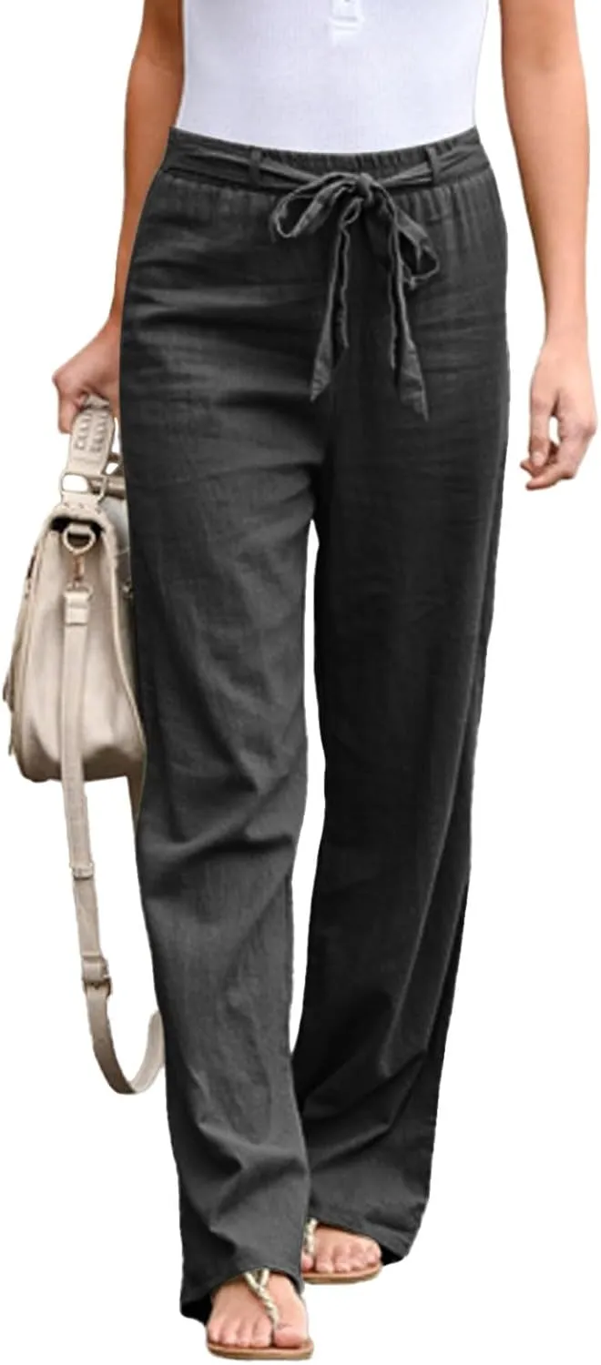 Womens Linen Pants Plus Size Casual Summer Pants with Pockets Drawstring Elastic Straight Leg Palazzo Beach Trousers
