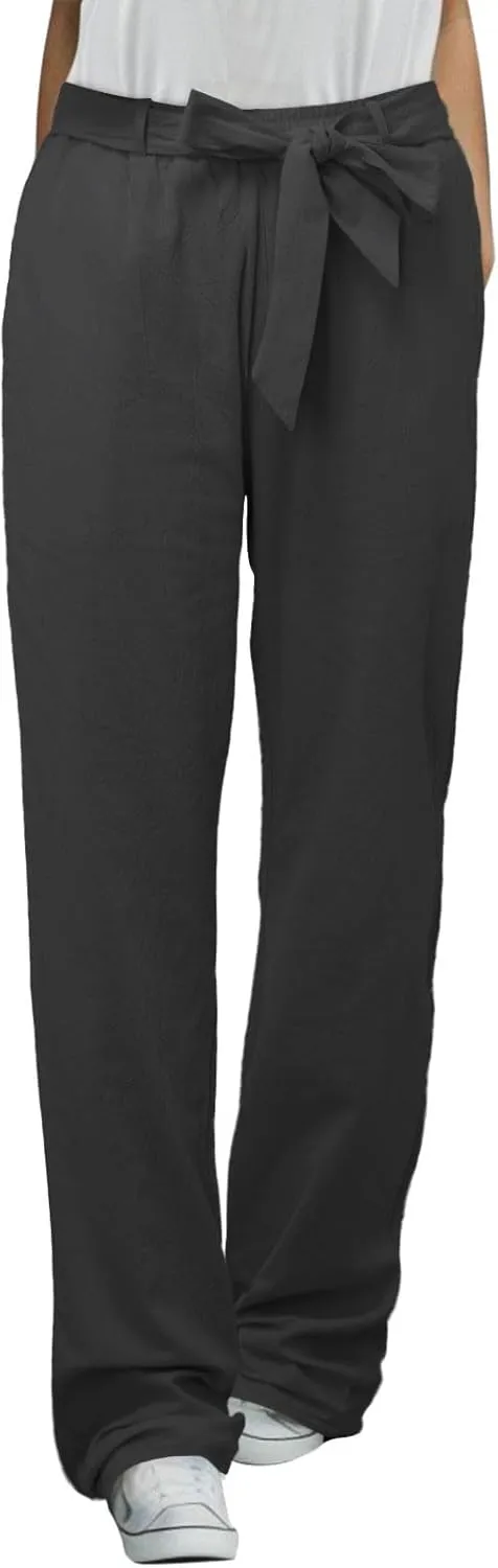 Womens Linen Pants Plus Size Casual Summer Pants with Pockets Drawstring Elastic Straight Leg Palazzo Beach Trousers