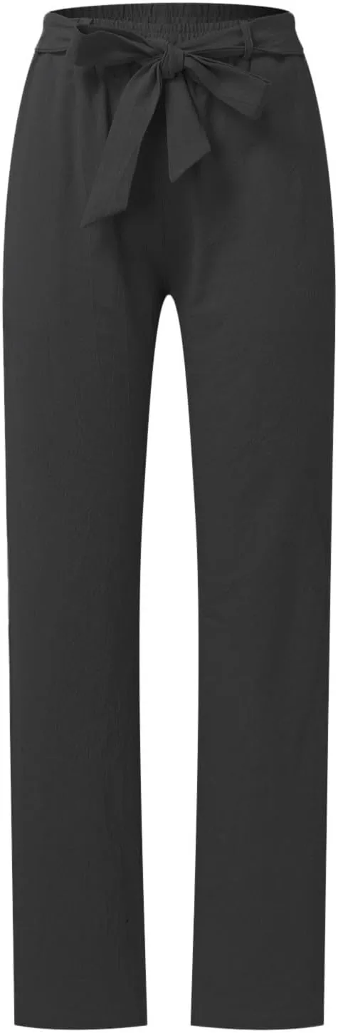 Womens Linen Pants Plus Size Casual Summer Pants with Pockets Drawstring Elastic Straight Leg Palazzo Beach Trousers