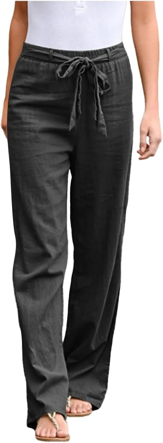 Womens Linen Pants Plus Size Casual Summer Pants with Pockets Drawstring Elastic Straight Leg Palazzo Beach Trousers