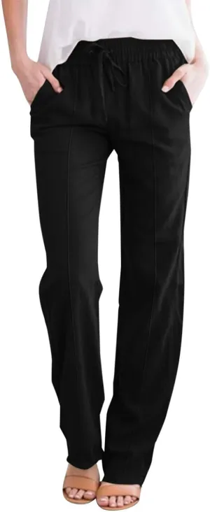 Women's Linen Pants Women's Relax Fit Linen Pants - Lightweight Summer Casual Trousers with Elastic Waist