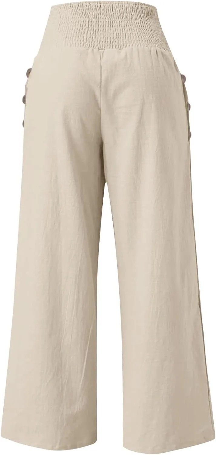 Womens Linen Wide Leg Palazzo Pants High Waisted Smocked Lounge Trousers with Pockets High Waist Linen Trousers Pant
