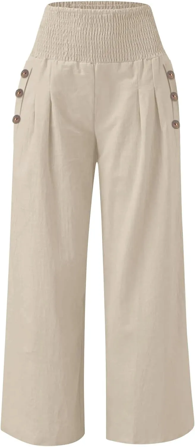 Womens Linen Wide Leg Palazzo Pants High Waisted Smocked Lounge Trousers with Pockets High Waist Linen Trousers Pant