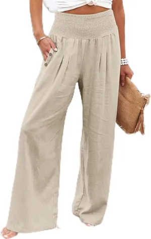 Womens Linen Wide Leg Palazzo Pants High Waisted Smocked Lounge Trousers with Pockets High Waist Linen Trousers Pant