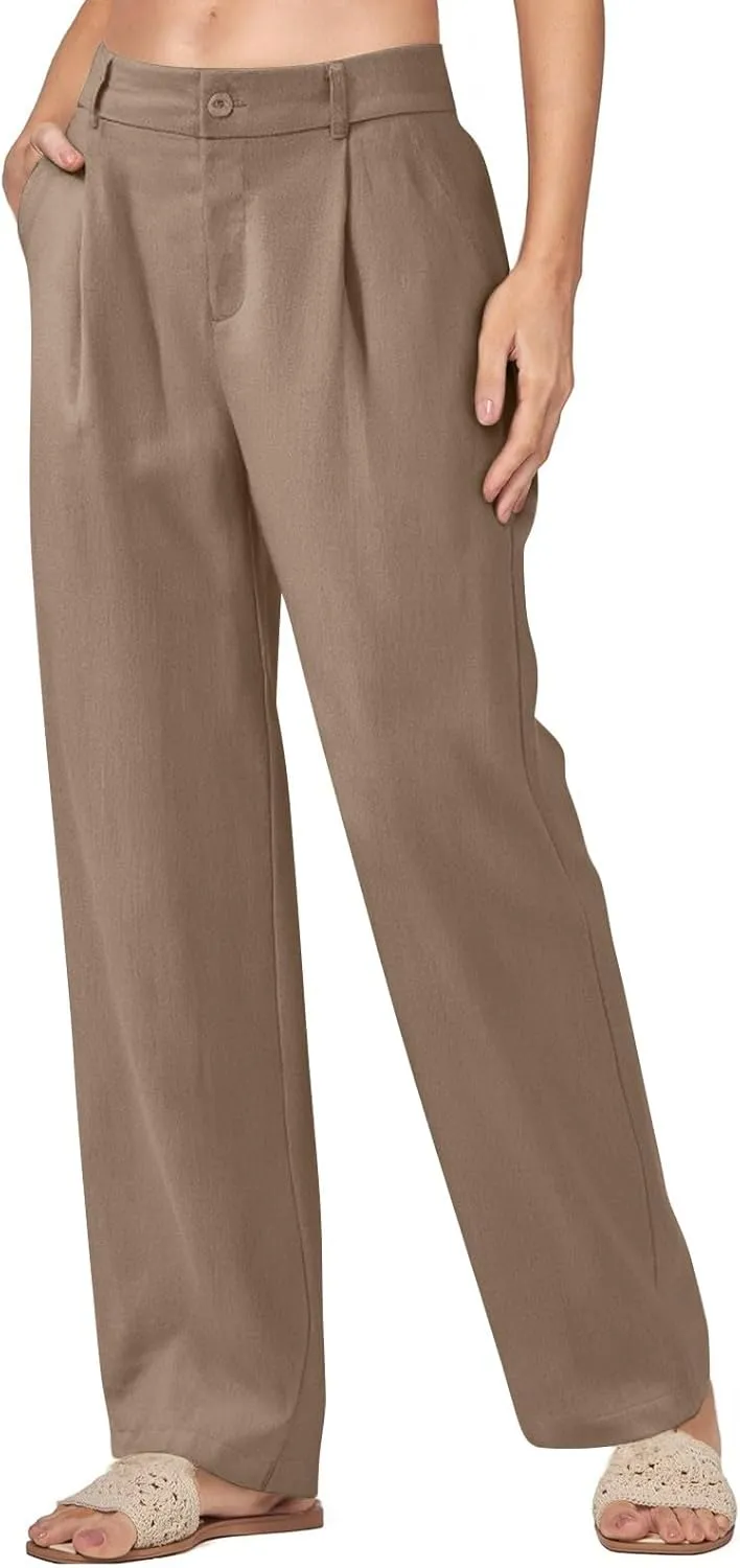 Women's Linen Wide Leg Work Pants with Casual Loose Fit Dressy Fashion Details