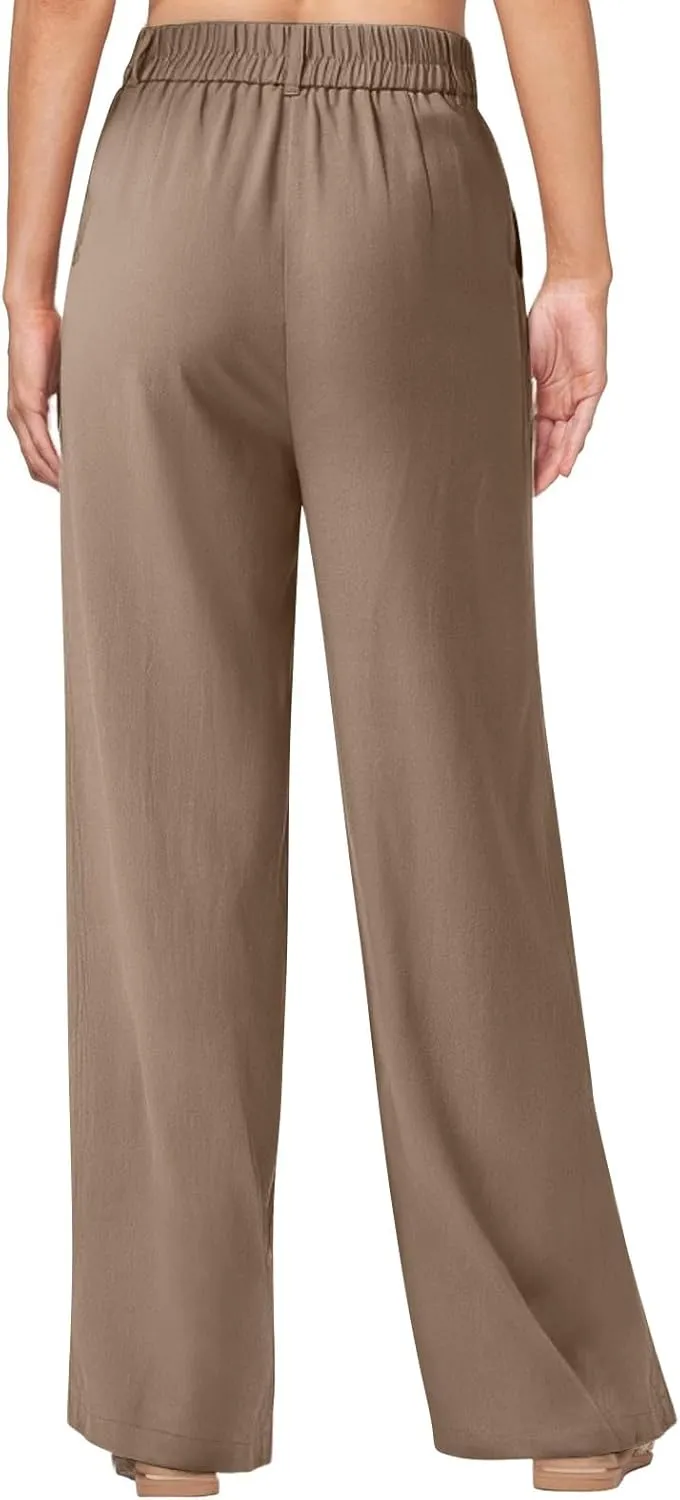 Women's Linen Wide Leg Work Pants with Casual Loose Fit Dressy Fashion Details