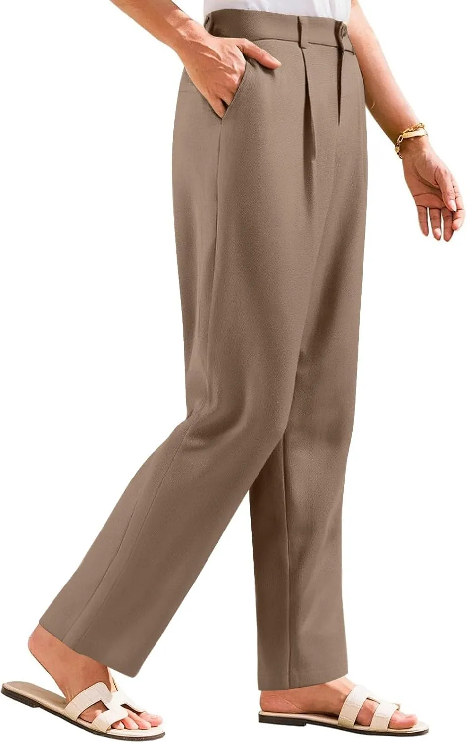 Women's Linen Wide Leg Work Pants with Casual Loose Fit Dressy Fashion Details