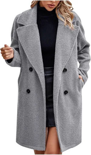 Womens Long Trench Coat Classic Pea Coats Lapel Button Down Coat Flannel Trench Coat Long Peacoat Overcoat Outerwear