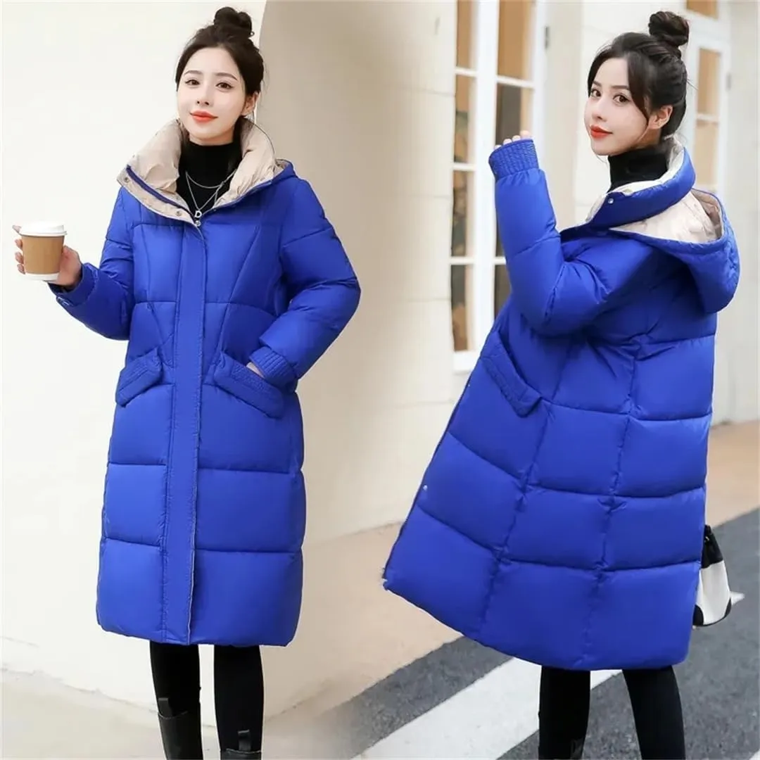 Womens Loose Down Cotton Coat Thick Warm Padded Puffer Parkas Winter Jacket Casual Hooded Overcoat Long Parkas