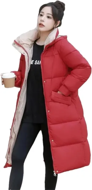 Womens Loose Down Cotton Coat Thick Warm Padded Puffer Parkas Winter Jacket Casual Hooded Overcoat Long Parkas