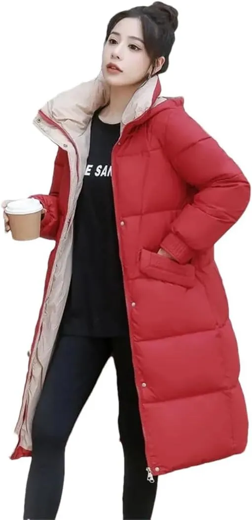 Womens Loose Down Cotton Coat Thick Warm Padded Puffer Parkas Winter Jacket Casual Hooded Overcoat Long Parkas